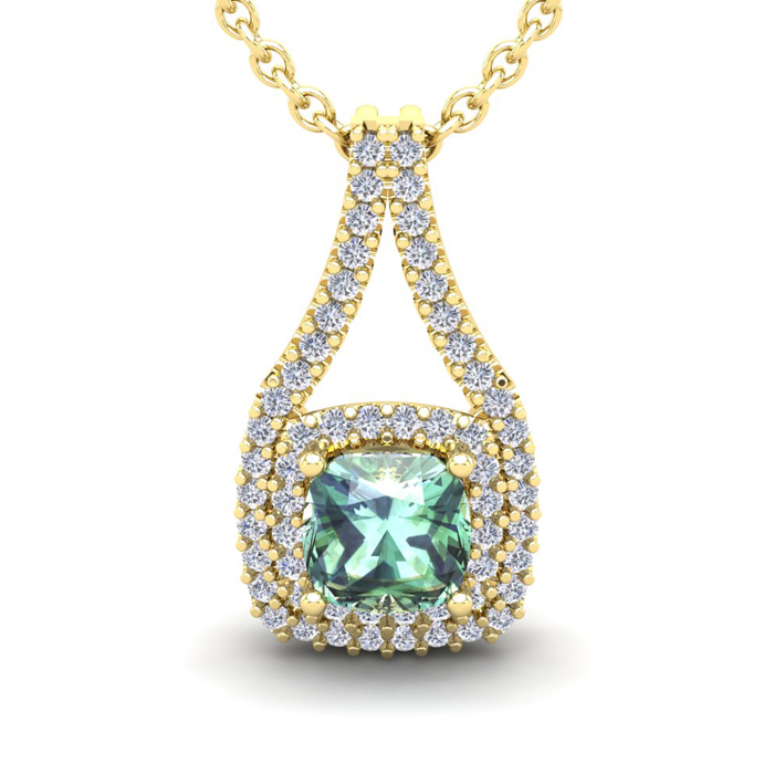 2 Carat Cushion Cut Green Amethyst & Double Halo Diamond Necklace in 14K Yellow Gold (3.5 g), 18 Inches,  by SuperJeweler