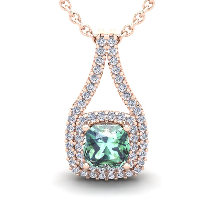 2 Carat Cushion Cut Green Amethyst & Double Halo Diamond Necklace in 14K Rose Gold (3.5 g), 18 Inches,  by SuperJeweler