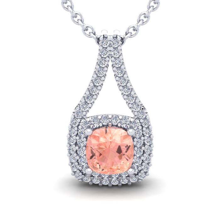 2 1/4 Carat Cushion Cut Morganite & Double Halo Diamond Necklace in 14K White Gold (3.5 g), 18 Inches,  by SuperJeweler