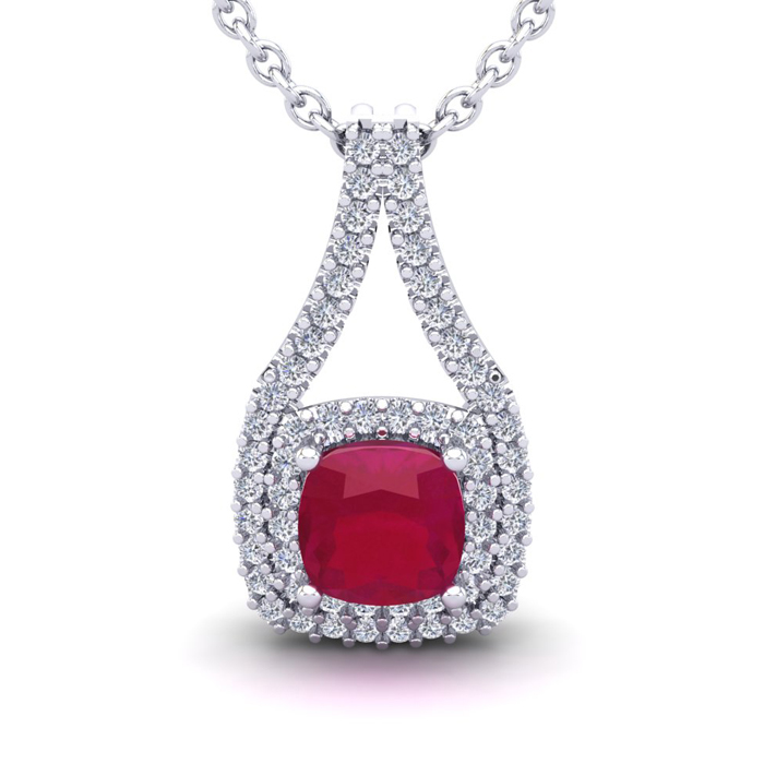 2 1/3 Carat Cushion Cut Ruby & Double Halo Diamond Necklace in 14K White Gold (3.5 g), 18 Inches,  by SuperJeweler