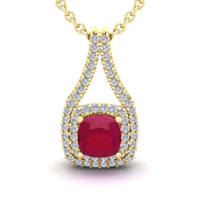 2 1/3 Carat Cushion Cut Ruby & Double Halo Diamond Necklace in 14K Yellow Gold (3.5 g), 18 Inches,  by SuperJeweler