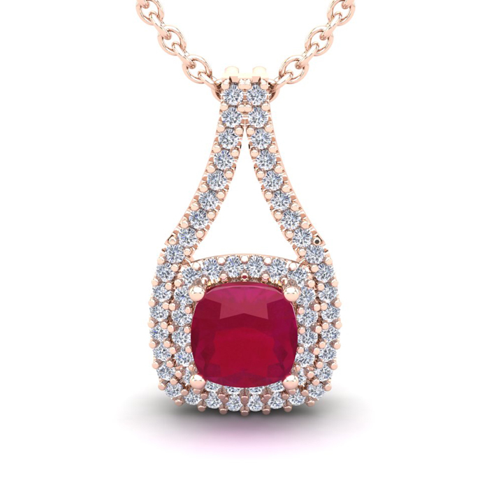 2 1/3 Carat Cushion Cut Ruby & Double Halo Diamond Necklace in 14K Rose Gold (3.5 g), 18 Inches,  by SuperJeweler