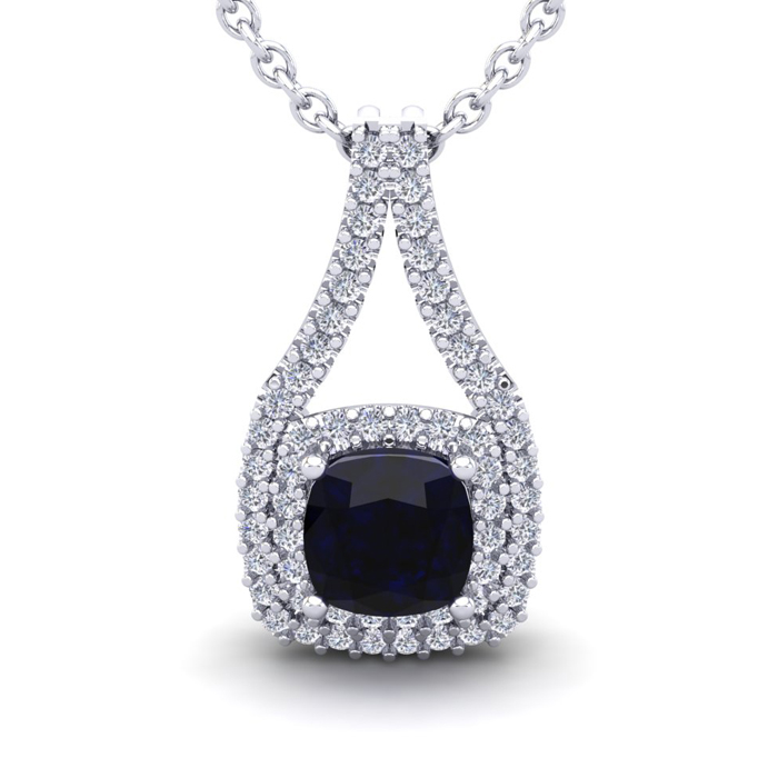 2 1/3 Carat Cushion Cut Sapphire & Double Halo Diamond Necklace in 14K White Gold (3.5 g), 18 Inches,  by SuperJeweler