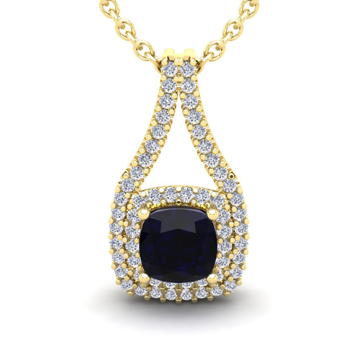 2 1/3 Carat Cushion Cut Sapphire & Double Halo Diamond Necklace in 14K Yellow Gold (3.5 g), 18 Inches,  by SuperJeweler