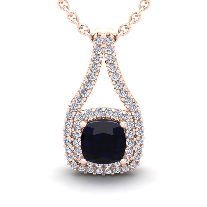 2 1/3 Carat Cushion Cut Sapphire & Double Halo Diamond Necklace in 14K Rose Gold (3.5 g), 18 Inches,  by SuperJeweler