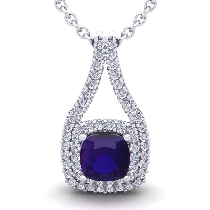 2 3/4 Carat Cushion Cut Amethyst & Double Halo Diamond Necklace in 14K White Gold (3.9 g), 18 Inches,  by SuperJeweler