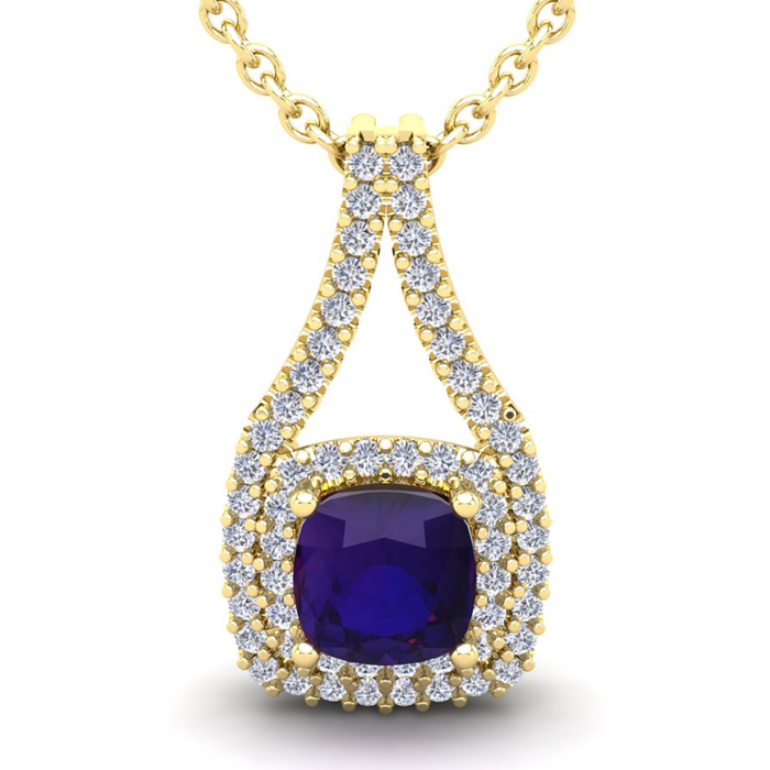 2 3/4 Carat Cushion Cut Amethyst & Double Halo Diamond Necklace in 14K Yellow Gold (3.9 g), 18 Inches,  by SuperJeweler