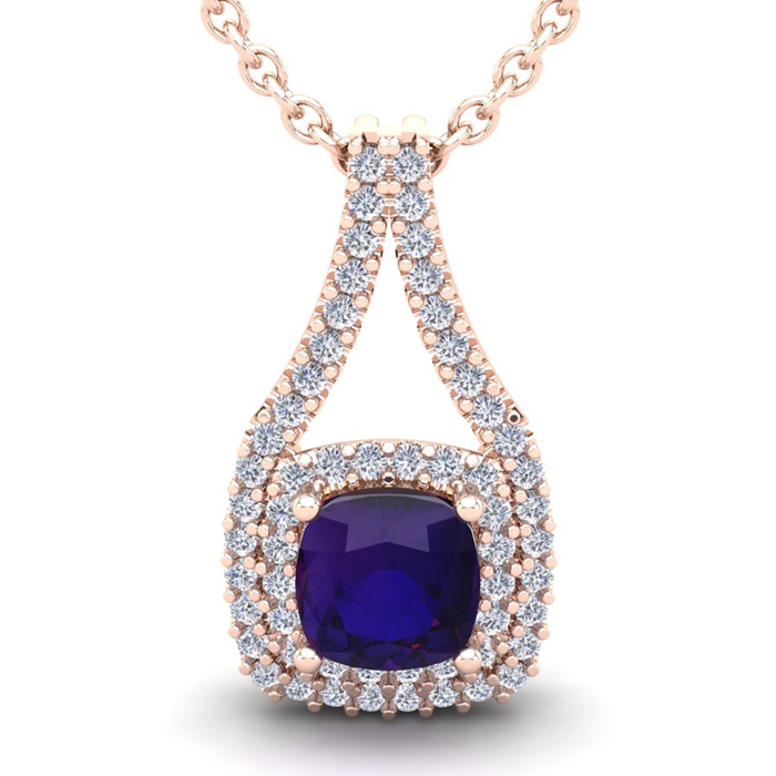 2 3/4 Carat Cushion Cut Amethyst & Double Halo Diamond Necklace in 14K Rose Gold (3.9 g), 18 Inches,  by SuperJeweler