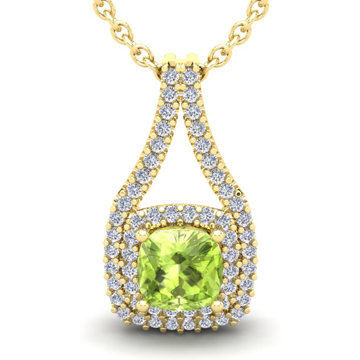 3 1/3 Carat Cushion Cut Peridot & Double Halo Diamond Necklace in 14K Yellow Gold (3.9 g), 18 Inches,  by SuperJeweler