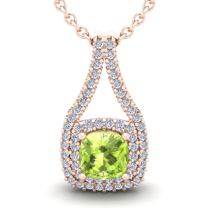 3 1/3 Carat Cushion Cut Peridot & Double Halo Diamond Necklace in 14K Rose Gold (3.9 g), 18 Inches,  by SuperJeweler