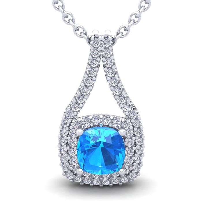 3 1/2 Carat Cushion Cut Blue Topaz & Double Halo Diamond Necklace in 14K White Gold (3.9 g), 18 Inches,  by SuperJeweler