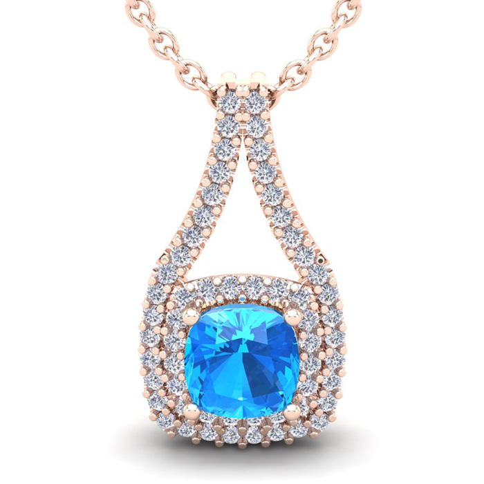 3 1/2 Carat Cushion Cut Blue Topaz & Double Halo Diamond Necklace in 14K Rose Gold (3.9 g), 18 Inches,  by SuperJeweler