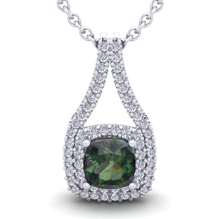 2 3/4 Carat Cushion Cut Mystic Topaz & Double Halo Diamond Necklace in 14K White Gold (3.9 g), 18 Inches,  by SuperJeweler