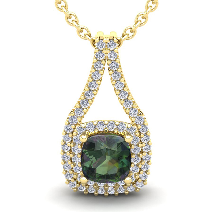 2 3/4 Carat Cushion Cut Mystic Topaz & Double Halo Diamond Necklace in 14K Yellow Gold (3.9 g), 18 Inches,  by SuperJeweler