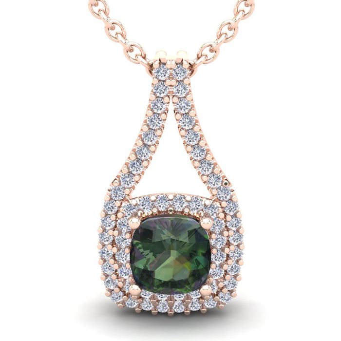 2-3/4 Carat Cushion Cut Mystic Topaz Necklace W/ Double Diamond Halo In 14K Rose Gold (3.9 G), 18 Inches, (I-J, SI2-I1) By SuperJeweler