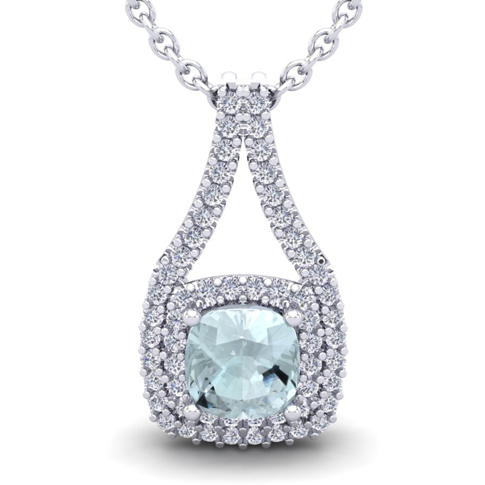 2 3/4 Carat Cushion Cut Aquamarine & Double Halo Diamond Necklace in 14K White Gold (3.9 g), 18 Inches,  by SuperJeweler