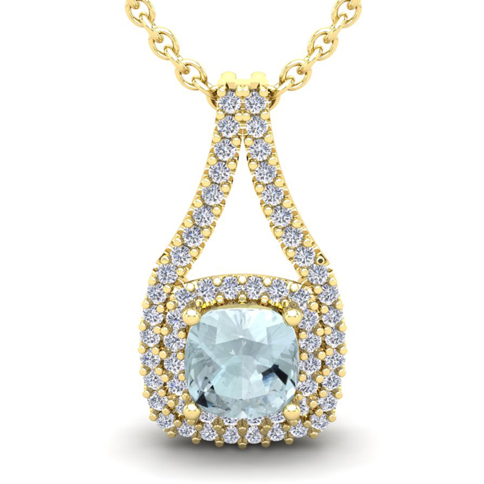 2 3/4 Carat Cushion Cut Aquamarine & Double Halo Diamond Necklace in 14K Yellow Gold (3.9 g), 18 Inches,  by SuperJeweler