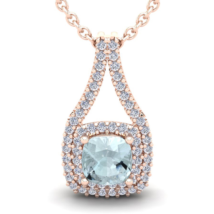 2 3/4 Carat Cushion Cut Aquamarine & Double Halo Diamond Necklace in 14K Rose Gold (3.9 g), 18 Inches,  by SuperJeweler