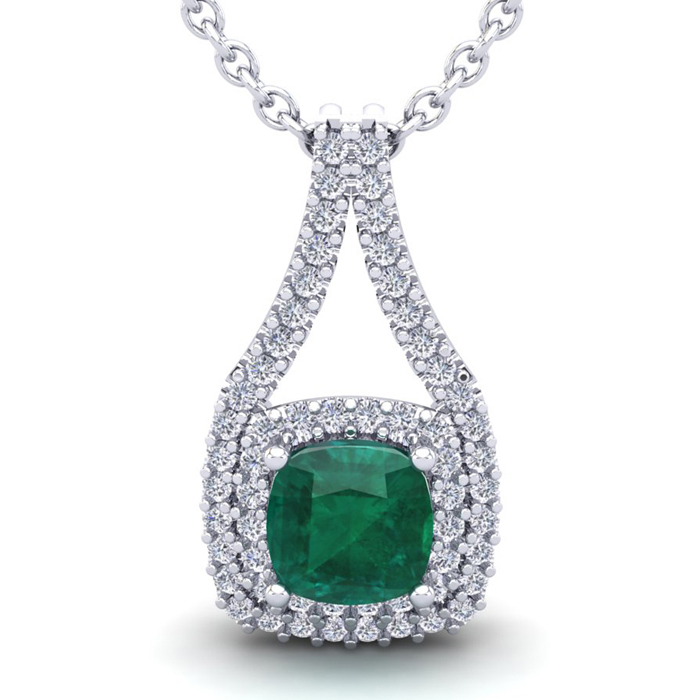 2 3/4 Carat Cushion Cut Emerald & Double Halo Diamond Necklace in 14K White Gold (3.9 g), 18 Inches,  by SuperJeweler