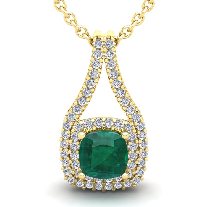 2 3/4 Carat Cushion Cut Emerald & Double Halo Diamond Necklace in 14K Yellow Gold (3.9 g), 18 Inches,  by SuperJeweler