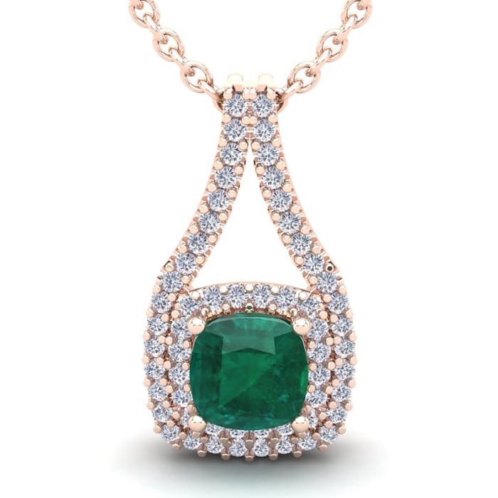 2 3/4 Carat Cushion Cut Emerald & Double Halo Diamond Necklace in 14K Rose Gold (3.9 g), 18 Inches,  by SuperJeweler