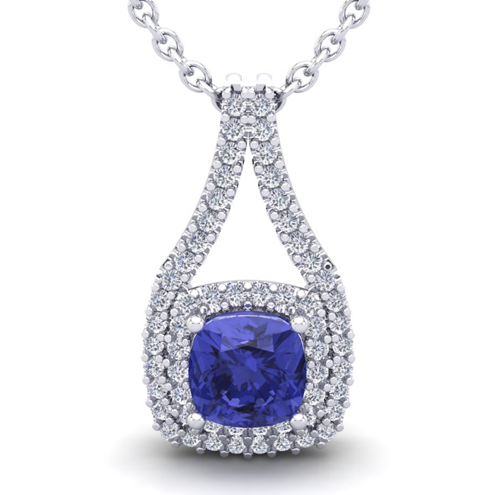 3 1/3 Carat Cushion Cut Tanzanite & Double Halo Diamond Necklace in 14K White Gold (3.9 g), 18 Inches,  by SuperJeweler