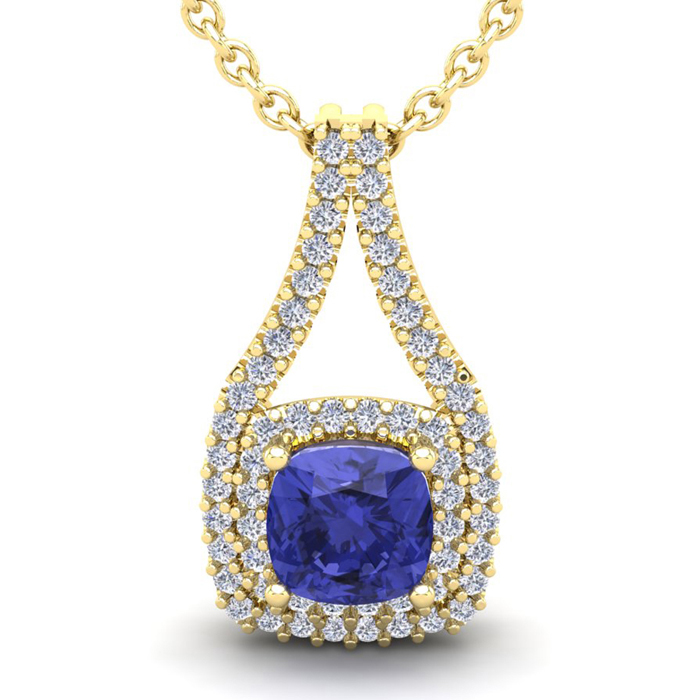 3 1/3 Carat Cushion Cut Tanzanite & Double Halo Diamond Necklace in 14K Yellow Gold (3.9 g), 18 Inches,  by SuperJeweler