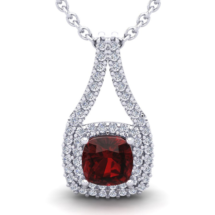 4 Carat Cushion Cut Garnet & Double Halo Diamond Necklace in 14K White Gold (3.9 g), 18 Inches,  by SuperJeweler