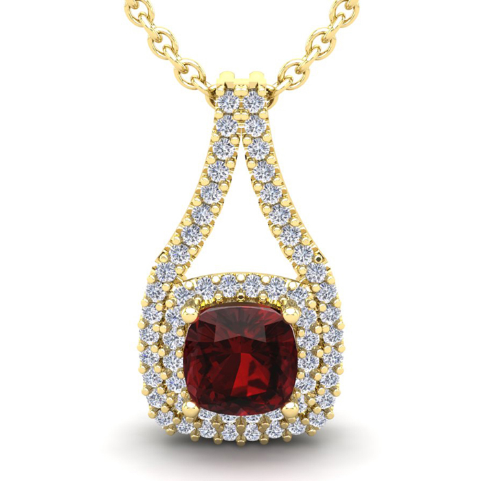 4 Carat Cushion Cut Garnet & Double Halo Diamond Necklace in 14K Yellow Gold (3.9 g), 18 Inches,  by SuperJeweler