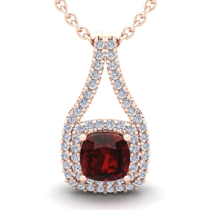 4 Carat Cushion Cut Garnet & Double Halo Diamond Necklace in 14K Rose Gold (3.9 g), 18 Inches,  by SuperJeweler