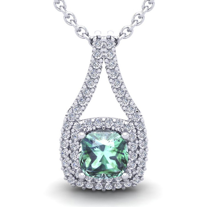 2 3/4 Carat Cushion Cut Green Amethyst & Double Halo Diamond Necklace in 14K White Gold (3.9 g), 18 Inches,  by SuperJeweler