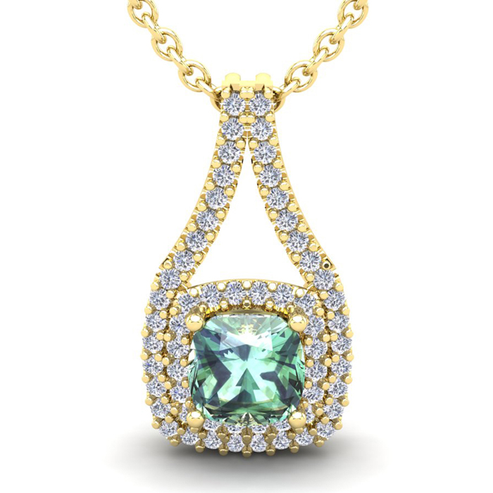 2 3/4 Carat Cushion Cut Green Amethyst & Double Halo Diamond Necklace in 14K Yellow Gold (3.9 g), 18 Inches,  by SuperJeweler