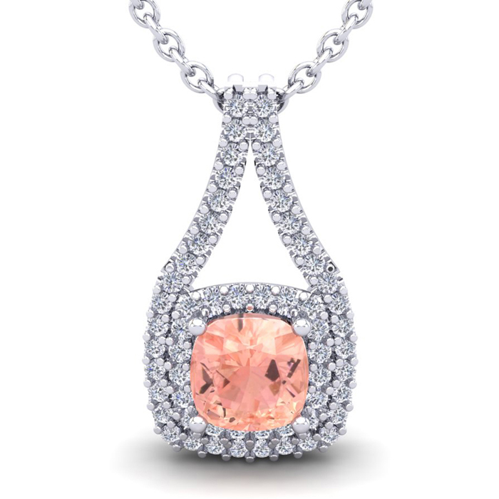 3 3/4 Carat Cushion Cut Morganite & Double Halo Diamond Necklace in 14K White Gold (3.9 g), 18 Inches,  by SuperJeweler