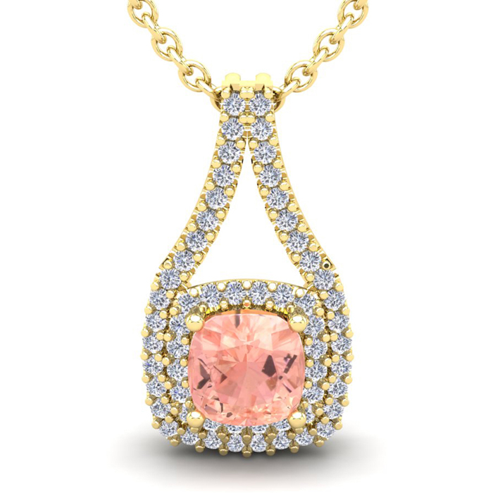 3 3/4 Carat Cushion Cut Morganite & Double Halo Diamond Necklace in 14K Yellow Gold (3.9 g), 18 Inches,  by SuperJeweler