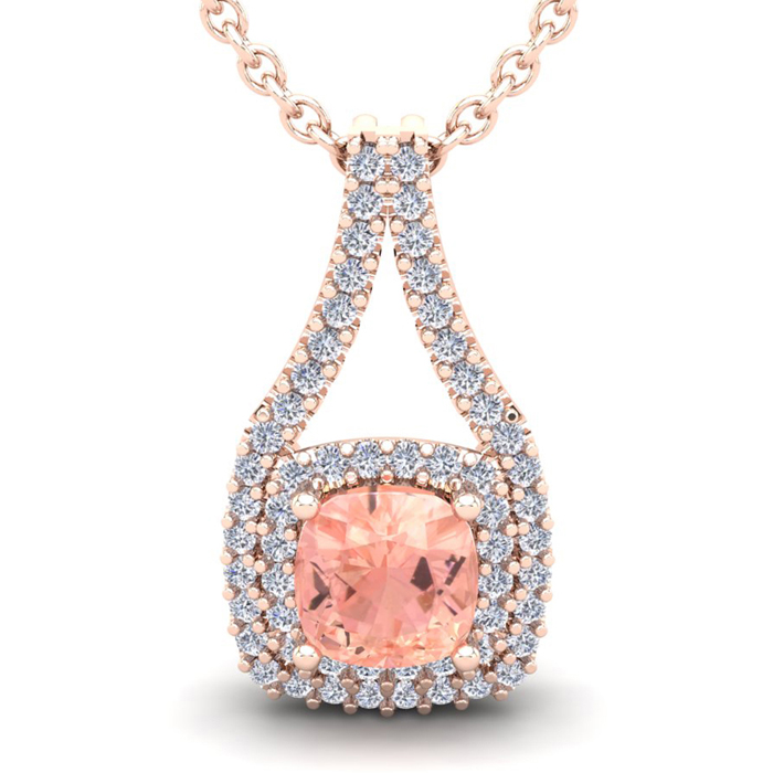 3 3/4 Carat Cushion Cut Morganite & Double Halo Diamond Necklace in 14K Rose Gold (3.9 g), 18 Inches,  by SuperJeweler