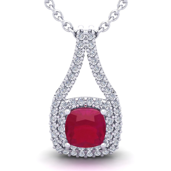 3 3/4 Carat Cushion Cut Ruby & Double Halo Diamond Necklace in 14K White Gold (3.9 g), 18 Inches,  by SuperJeweler