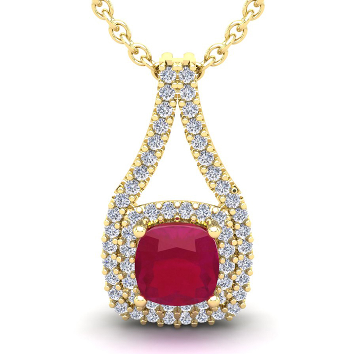 3 3/4 Carat Cushion Cut Ruby & Double Halo Diamond Necklace in 14K Yellow Gold (3.9 g), 18 Inches,  by SuperJeweler