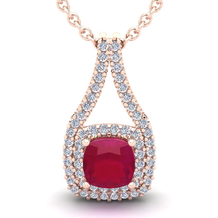 3 3/4 Carat Cushion Cut Ruby & Double Halo Diamond Necklace in 14K Rose Gold (3.9 g), 18 Inches,  by SuperJeweler