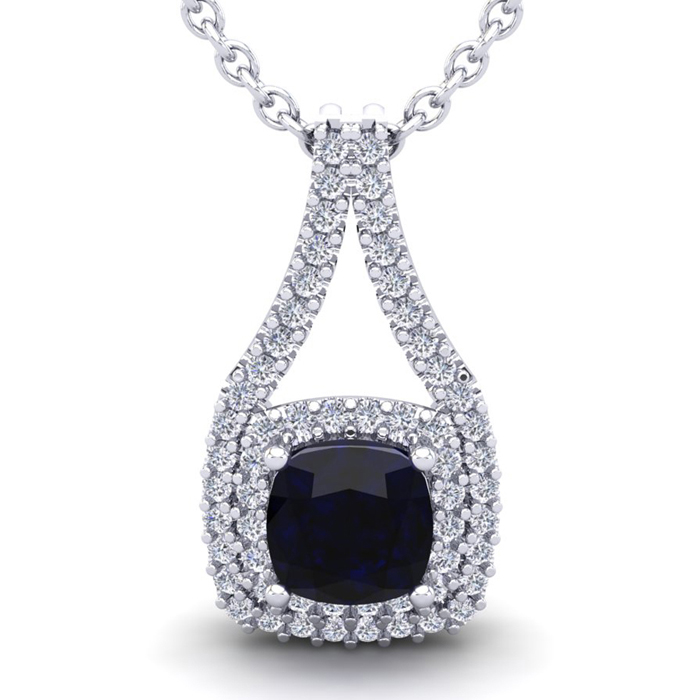 3 3/4 Carat Cushion Cut Sapphire & Double Halo Diamond Necklace in 14K White Gold (3.9 g), 18 Inches,  by SuperJeweler