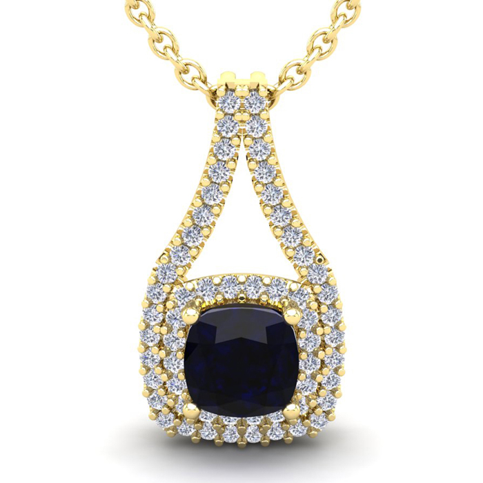 3 3/4 Carat Cushion Cut Sapphire & Double Halo Diamond Necklace in 14K Yellow Gold (3.9 g), 18 Inches,  by SuperJeweler