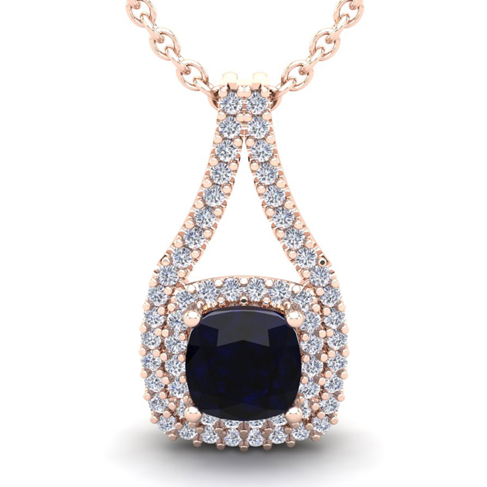 3 3/4 Carat Cushion Cut Sapphire & Double Halo Diamond Necklace in 14K Rose Gold (3.9 g), 18 Inches,  by SuperJeweler