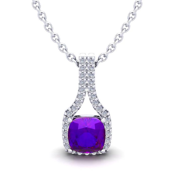 1 Carat Cushion Cut Amethyst & Classic Halo Diamond Necklace in 14K White Gold (2.1 g), 18 Inches,  by SuperJeweler