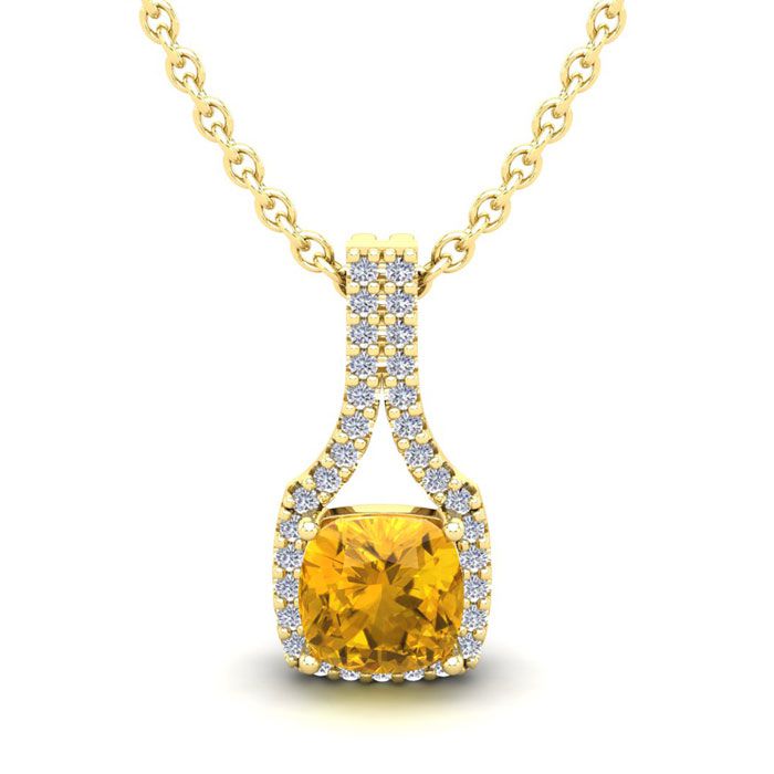 1 Carat Cushion Cut Citrine & Classic Halo Diamond Necklace in 14K Yellow Gold (2.1 g), 18 Inches,  by SuperJeweler