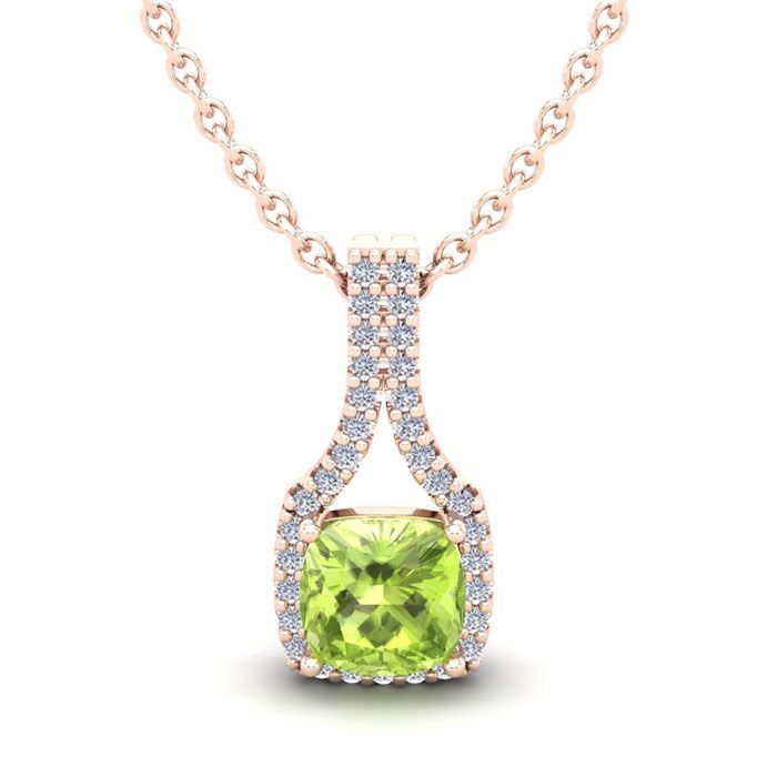 1.25 Carat Cushion Cut Peridot & Classic Halo Diamond Necklace in 14K Rose Gold (2.1 g), 18 Inches,  by SuperJeweler