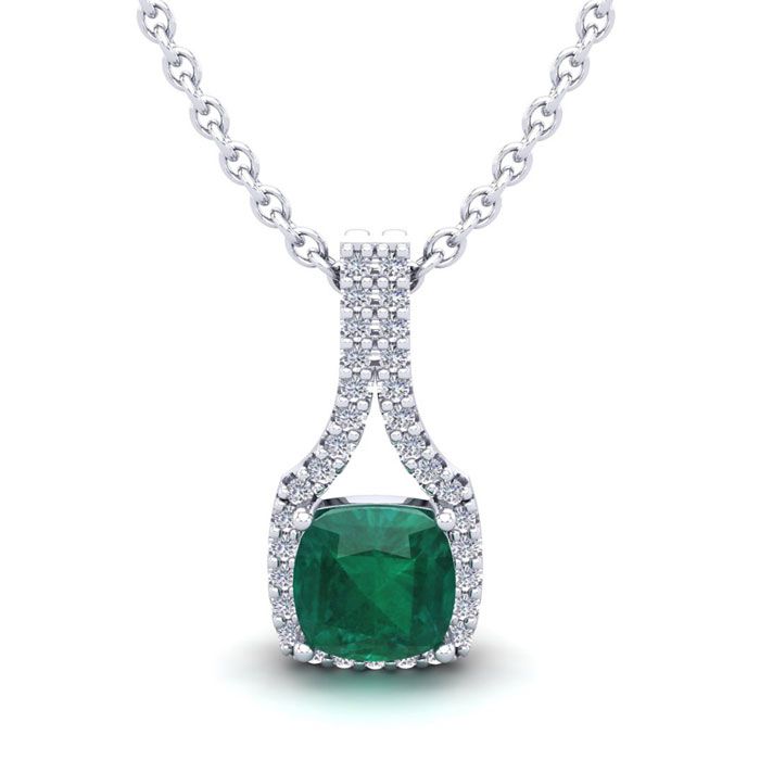 1-1/3 Carat Cushion Cut Emerald Cut Necklaces W/ Diamond Halo In 14K White Gold (2.1 G), 18 Inch Chain (I-J, SI2-I1) By SuperJeweler