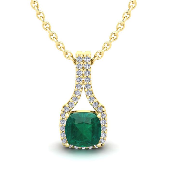 1-1/3 Carat Cushion Cut Emerald Cut Necklaces W/ Diamond Halo In 14K Yellow Gold (2.1 G), 18 Inch Chain (I-J, SI2-I1) By SuperJeweler