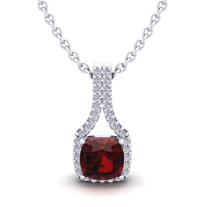 1 1/3 Carat Cushion Cut Garnet & Classic Halo Diamond Necklace In 14K White Gold (2.1 G), 18 Inches, I/J By SuperJeweler