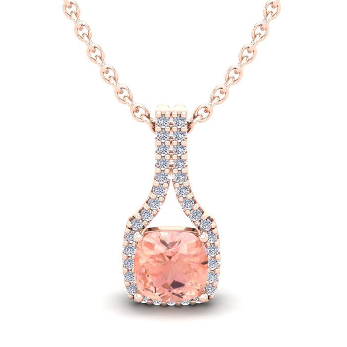 1 Carat Cushion Cut Morganite & Classic Halo Diamond Necklace in 14K Rose Gold (2.1 g), 18 Inches,  by SuperJeweler