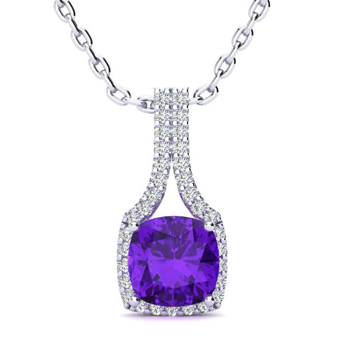 2 Carat Cushion Cut Amethyst & Classic Halo Diamond Necklace in 14K White Gold (2.8 g), 18 Inches,  by SuperJeweler