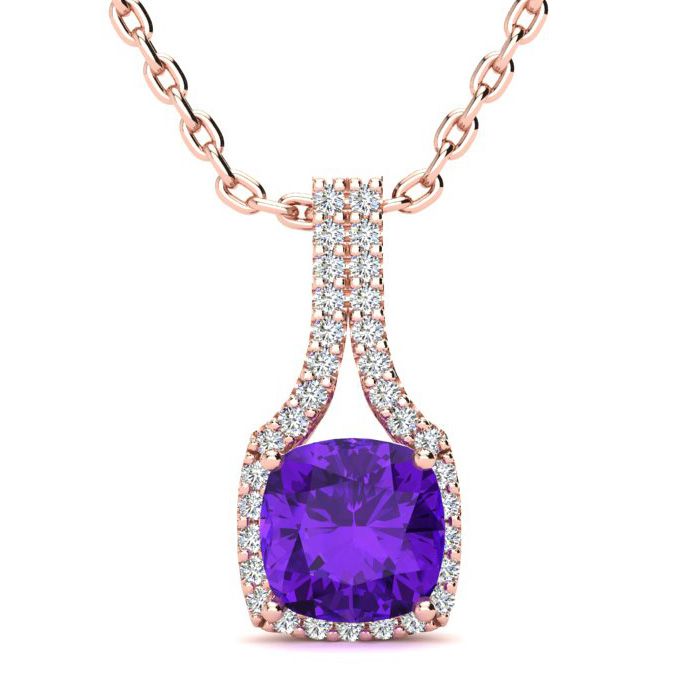 2 Carat Cushion Cut Amethyst & Classic Halo Diamond Necklace in 14K Rose Gold (2.8 g), 18 Inches,  by SuperJeweler